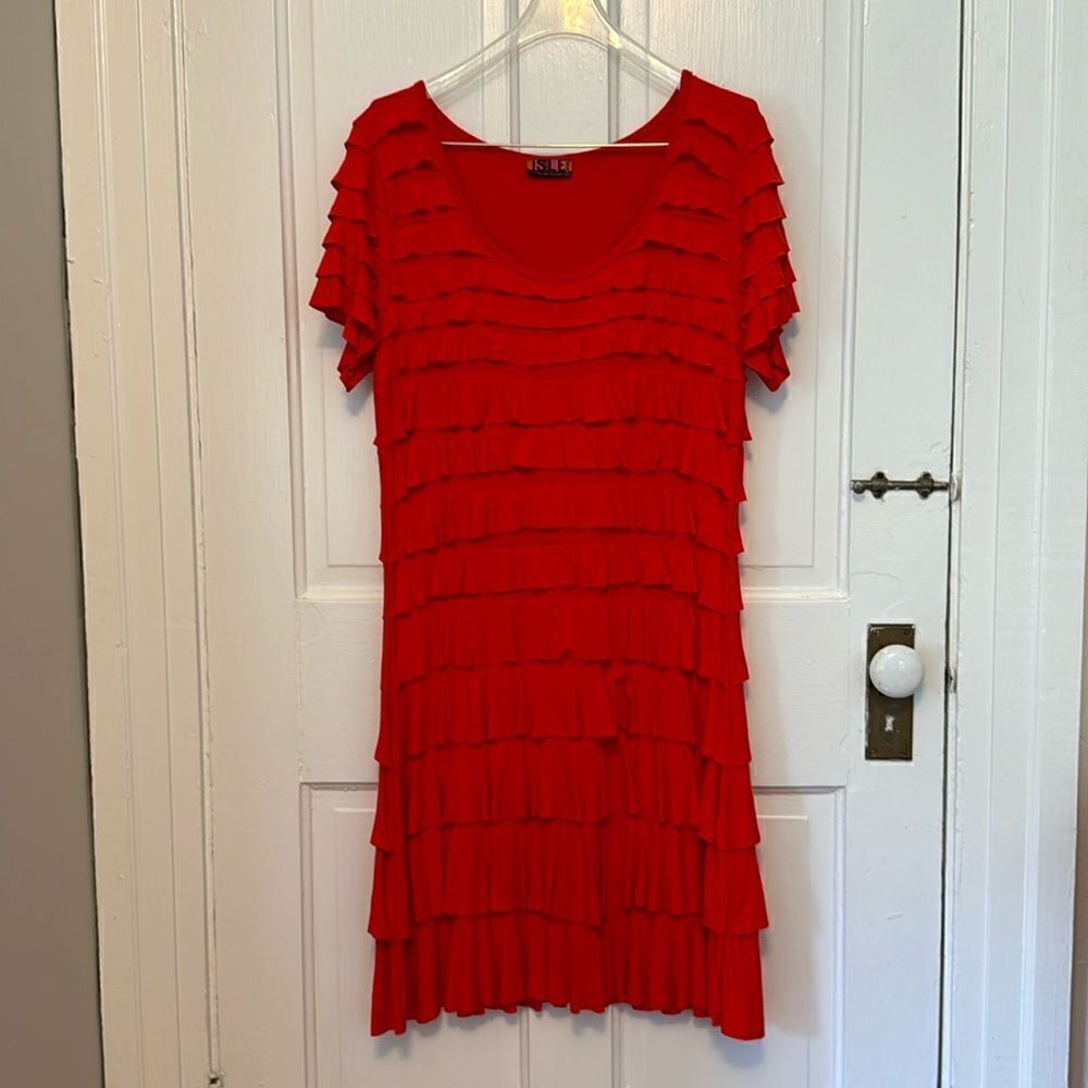Isle red front ruched short sleeve viscose cocktail party dress large